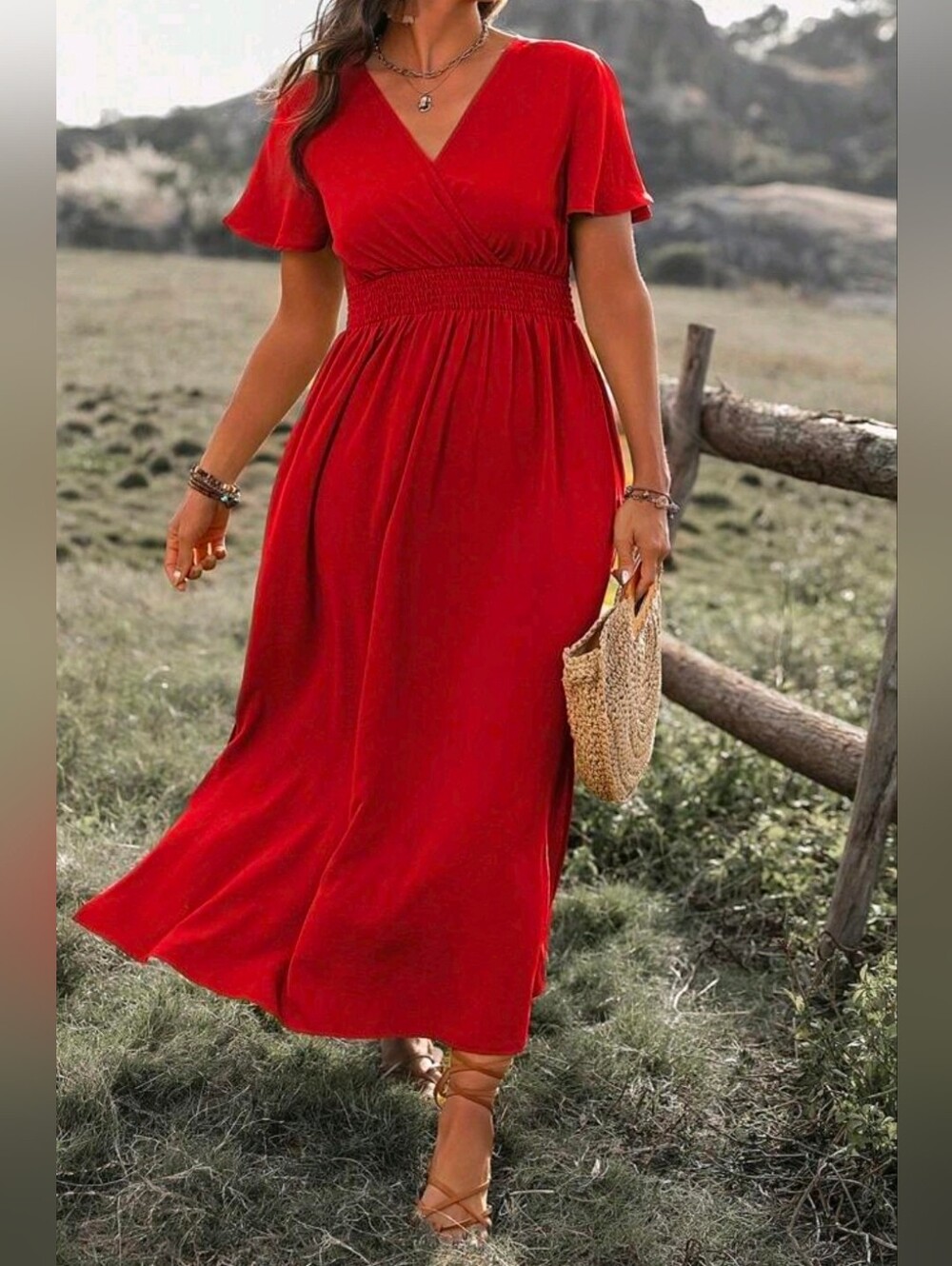 NEW Wrap Top Long Dress Flutter Short Sleeve Split Hem PLUS Red